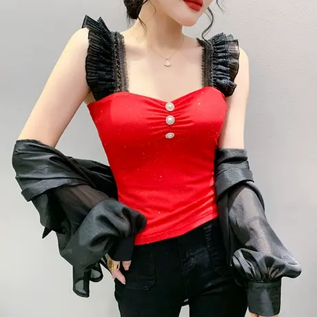 性感低胸V领背心女内搭洋气网纱小吊带设计感木耳边无袖上衣小衫商品大图