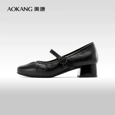 奥康女鞋 2024春季新款复古法式玛丽珍单鞋粗跟浅口一字带小皮鞋商品大图