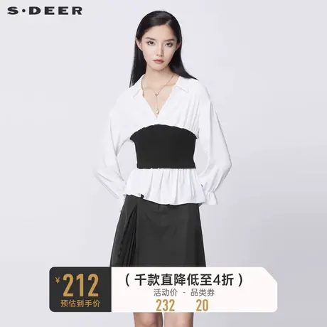 【商场同款】sdeer圣迪奥V领撞色针织拼接雪纺衬衫S21380531商品大图