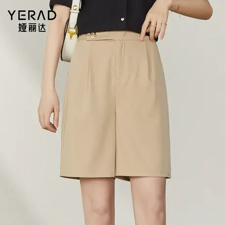 娅丽达卡其色短裤女夏高腰2023年新款阔腿中裤设计感薄裤子五分裤商品大图