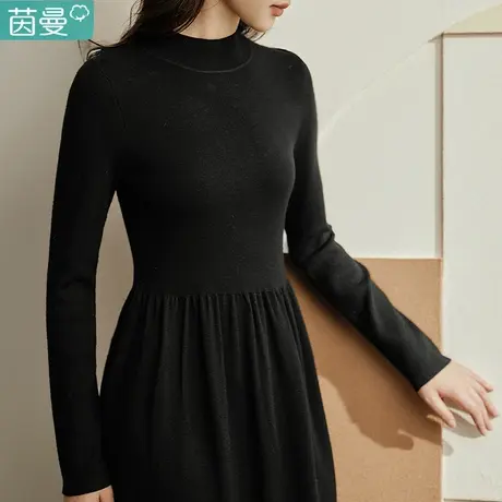 茵曼秋冬黑色针织连衣裙女秋季2023新款女装收腰显瘦长袖毛衣裙商品大图