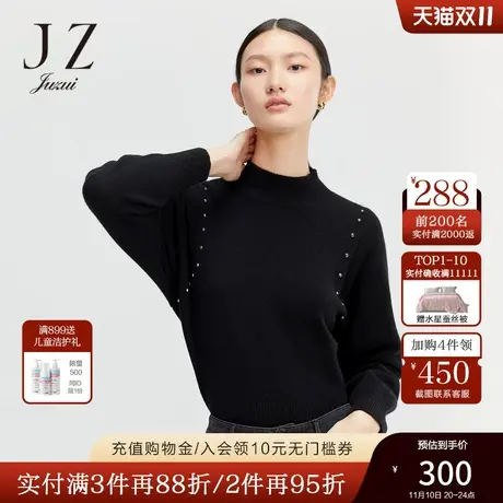 玖姿羊毛蝙蝠袖手工钉珠简洁设计感黑色女毛衣JUZUI-2021冬季新款商品大图