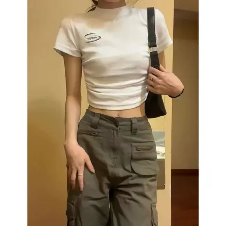 美式正肩短袖t恤女夏季2023新款设计感小众短款chic港味辣妹上衣商品大图