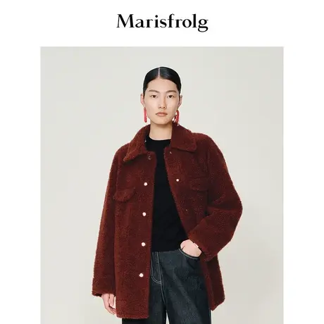 【艺术时装大衣】玛丝菲尔秋冬新款女装豆沙色时尚羊毛羔皮草外套图片