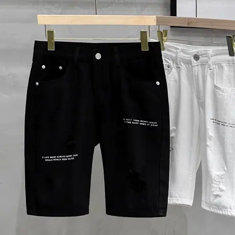 百黑色牛仔短裤男士夏季薄款高端中裤直筒印花水洗潮牌五分裤子男图片