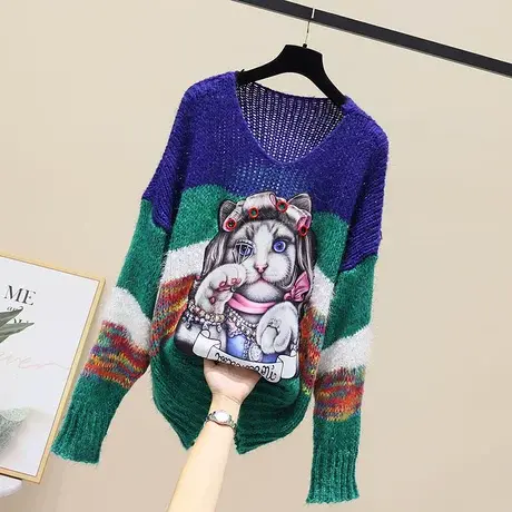 潮牌2023新款减龄针织衫V领卡通贴布重工猫咪宽松外穿慵懒毛衣服图片