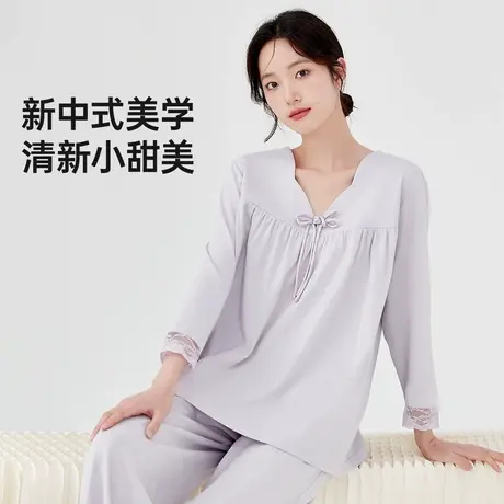 顶瓜瓜新中式设计花瓣V领家居服顶呱呱汗布套头盘扣女士长袖套装商品大图
