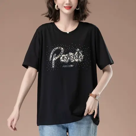 纯棉短袖T恤女夏季加肥加大码女装宽松中年妈妈休闲烫钻显瘦体恤商品大图
