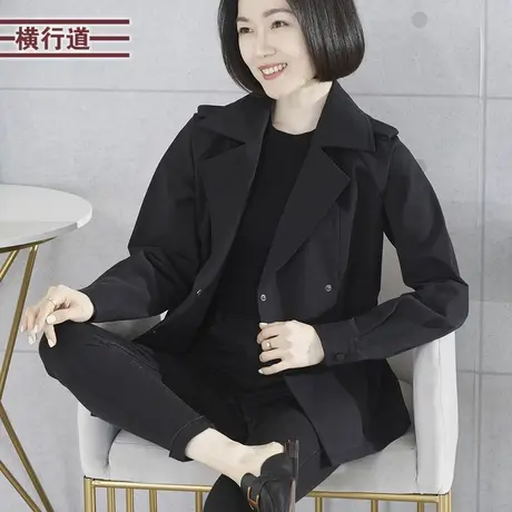 翻领纯棉长袖风衣外套双排扣宽松纯色大码胖MM2023新款冬装女上衣商品大图