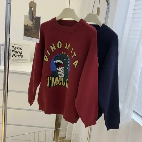 撞色复古卡通圆领毛衣女2022新款秋冬外穿减龄百搭双面提花针织衫图片