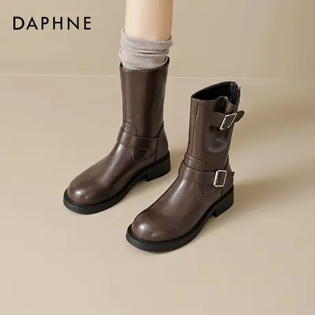 达芙妮棕色中短筒靴2024春秋新款美拉德工装骑士靴复古百搭马丁靴商品大图