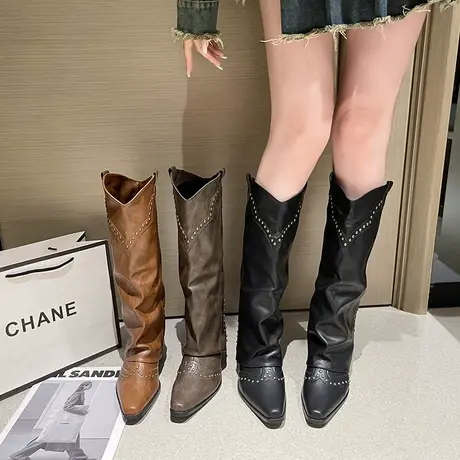 长筒靴女2023春秋季新款小众设计感西部牛仔靴粗跟高跟尖头骑士靴图片