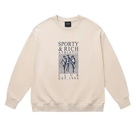 港味chic中性风运动休闲奶杏色圆领卫衣hiphop秋冬季宽松上衣男图片