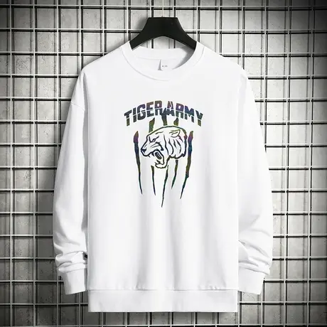 重磅纯棉白色卫衣男2023新款摇粒绒加厚潮流虎头圆领无帽长袖t恤商品大图