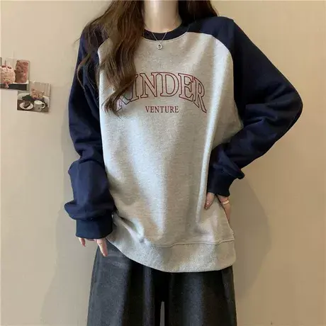 韩系高级感长袖圆领卫衣女春秋2025新款宽松薄款韩版插肩袖上衣服商品大图