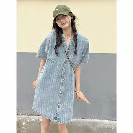 法式复古条纹牛仔连衣裙女2024夏季新款韩版宽松气质衬衫裙大码图片