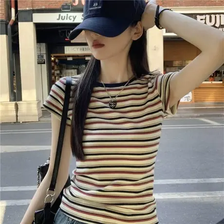 美式复古chic条纹T恤女夏季撞色设计感薄款修身打底上衣正肩短袖商品大图