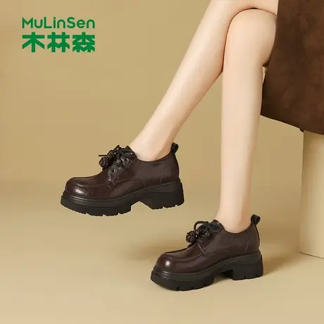 木林森女鞋2025新款秋季黑色厚底粗跟乐福鞋女士通勤百搭深口单鞋图片