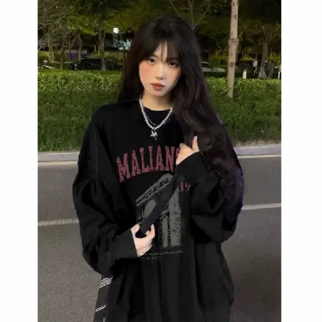 国潮美式oversize高街圆领卫衣女2025新款爆款高级感早秋黑色上衣商品大图