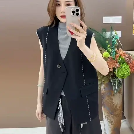 2025宽松洋气明线一粒扣马夹女春秋季设计感小众V领西装马甲外套商品大图