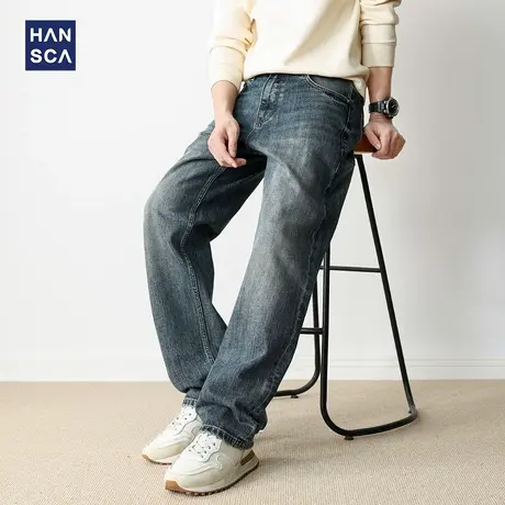 hansca牛仔裤男直筒阔腿宽松2025新款男潮牌高端秋季复古休闲长裤商品大图