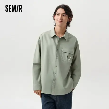 森马长袖衬衫男秋季山系户外风工装宽松衬衣外套绿色印花翻领上衣商品大图