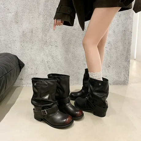 复古褶皱堆堆靴女2025秋季新款百搭粗跟增高裤管靴小个子气质短靴商品大图
