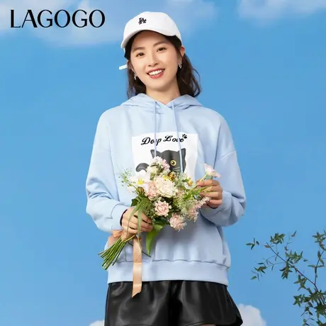 LAGOGO蓝色连帽甜美学院风卫衣女拉谷谷春季新款卡通印花套头上衣商品大图