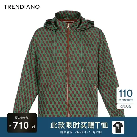 TRENDIANO棋盘格时尚拉链廓形连帽外套2023秋冬季新款男潮牌风衣图片