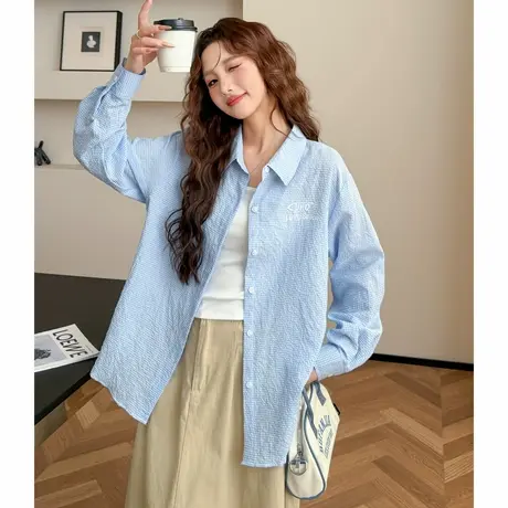 唐狮秋季新款长袖衬衫女休闲小格子撞色百搭衬衫慵懒薄外套TM图片