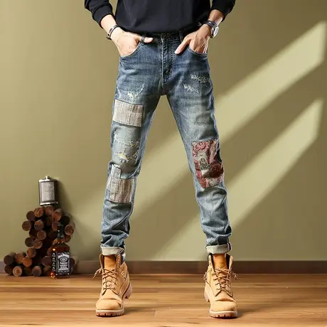 美式高街牛仔裤男款修身小脚印花宽松破洞牛仔裤男潮流水洗百搭商品大图