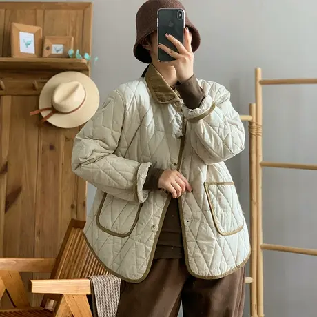 dza 复古翻领菱格加厚棉服外套女冬宽松休闲棉袄上衣百搭短款棉衣图片