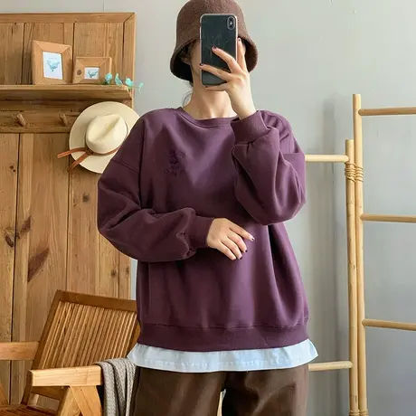 dza 复古短款假两件加厚加绒卫衣女秋冬内搭打底宽松休闲上衣外套商品大图