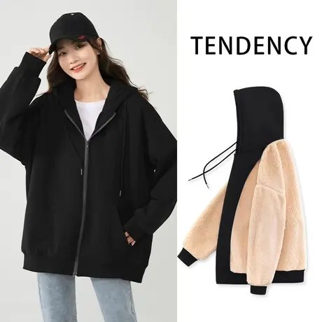 ZR真维斯连帽卫衣女2023冬季新款黑色加绒加厚羊羔绒开衫上衣外套图片