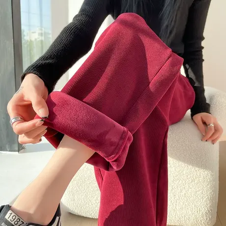 红色灯芯绒阔腿裤女冬季加绒宽松显瘦直筒垂感雪尼尔条绒拖地长裤商品大图