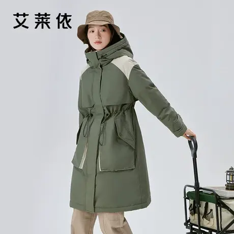 艾莱依工装风羽绒服女2023新款连帽中长款收腰户外派克服外套冬季商品大图