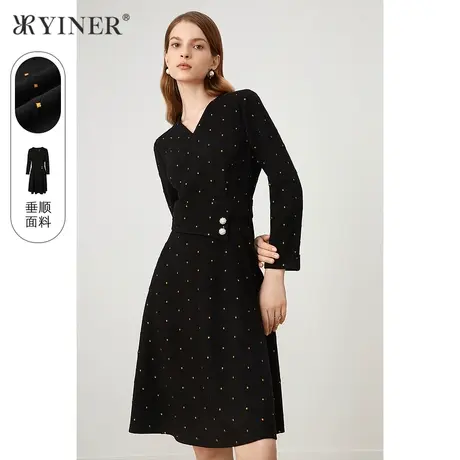 YINER音儿线上专选女装冬季V领收腰波点连衣裙图片