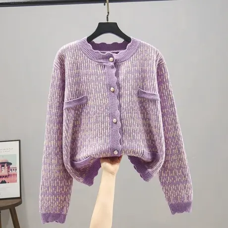 2023春季新款韩版宽松小香风针织衫圆领长袖开衫外套女士百搭上衣商品大图