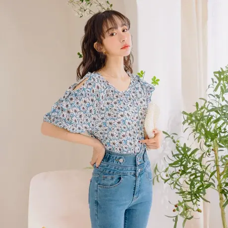 桔熊夏季韩版复古甜美碎花雪纺衫荷叶袖露手臂上衣女大码AB16948商品大图