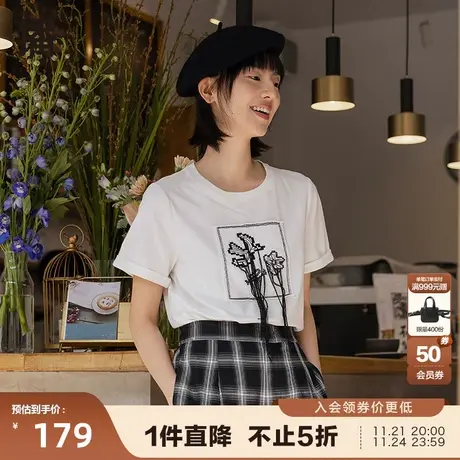 播夏季圆领套头刺绣装饰翻边袖口绣花T恤女BDP2YD0074商品大图