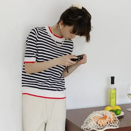 omont蛋挞家 复古条纹撞色休闲短袖T恤女夏季圆领宽松针织衫上衣商品大图