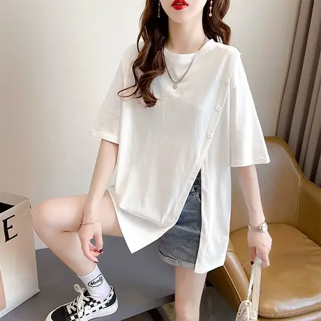 短袖t恤女夏韩版宽松大码女装中长款纯色ins不规则侧开叉上衣服潮商品大图