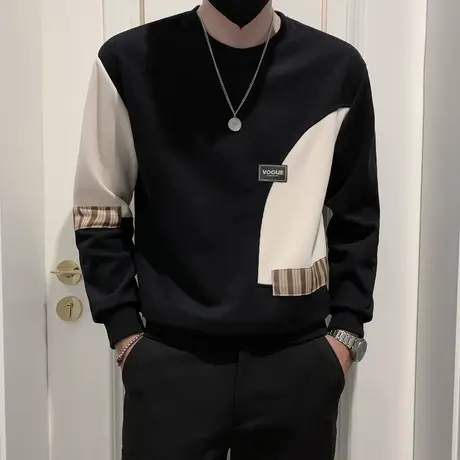 卫衣男士个性痞帅上衣春秋装新款修身拼接T恤百搭潮牌ins痞帅外套商品大图