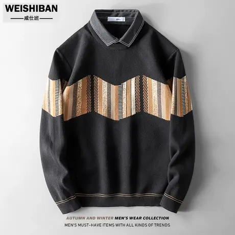 潮流创意提花保暖双领针织衫22冬季新衬衫领假两件套头痞帅毛衣男商品大图