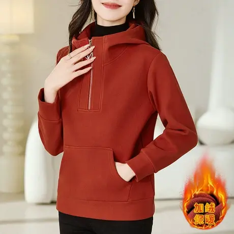 女士休闲加绒呢子卫衣女秋冬2023年新款时尚立领连帽半拉链上衣服图片
