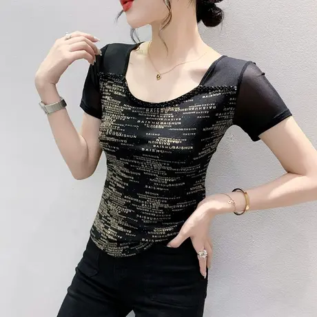 欧货性感网纱上衣女时尚字母印花T恤短袖气质钉珠小衫紧身体恤夏商品大图