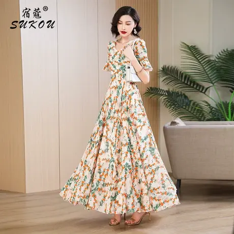 减龄碎花连衣裙女夏天五分袖雪纺长裙漂亮海边度假连衣裙2024新款图片