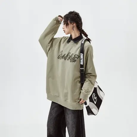 牛油果绿圆领卫衣女春秋oversize小众设计感上衣ins潮牌美式复古图片