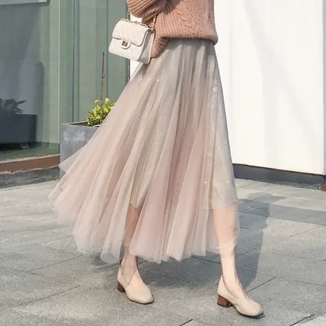 网纱半身裙女新款春秋中长高腰A字裙闪亮纱裙显瘦仙女裙7038x图片