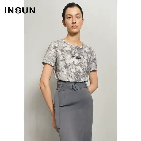 INSUN恩裳夏季灰色纯棉短袖圆领T恤图片